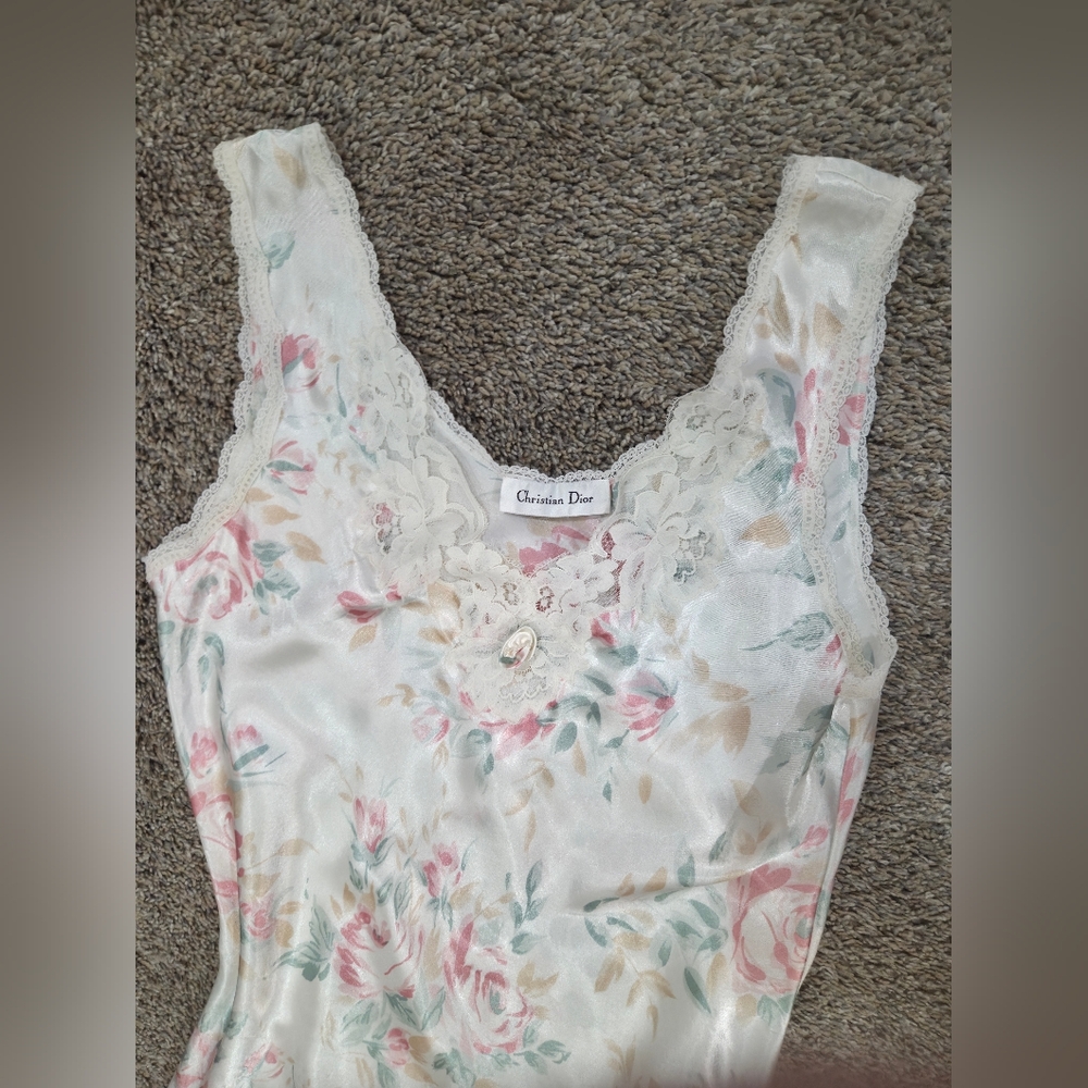 Vintage Christian Dior Satin Floral Nightgown Lace Trim L 70s/80s ILGWU - Picture 5 of 7